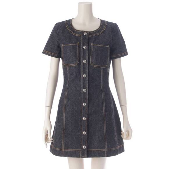 CHANEL Dress CC Vintage Denim Blue Short Dress E97 Button Indigo